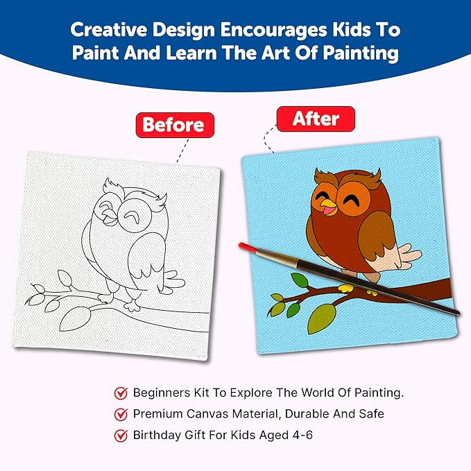 Mini Leaves Mini Canvas Craft Art Paint Kit for Beginner With Wooden Easel, Colours, Painting Brush for Girls Boys 4-6 Years Diy Kit | Set of 4- Animal Theme