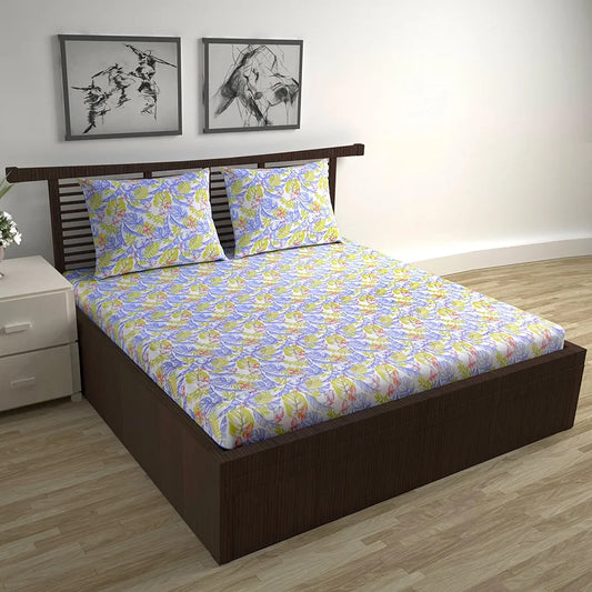 Divine Casa 144 TC Pure Cotton Double Bedsheet with 2 Pillow Covers Floral Bliss Colour Purple Yellow