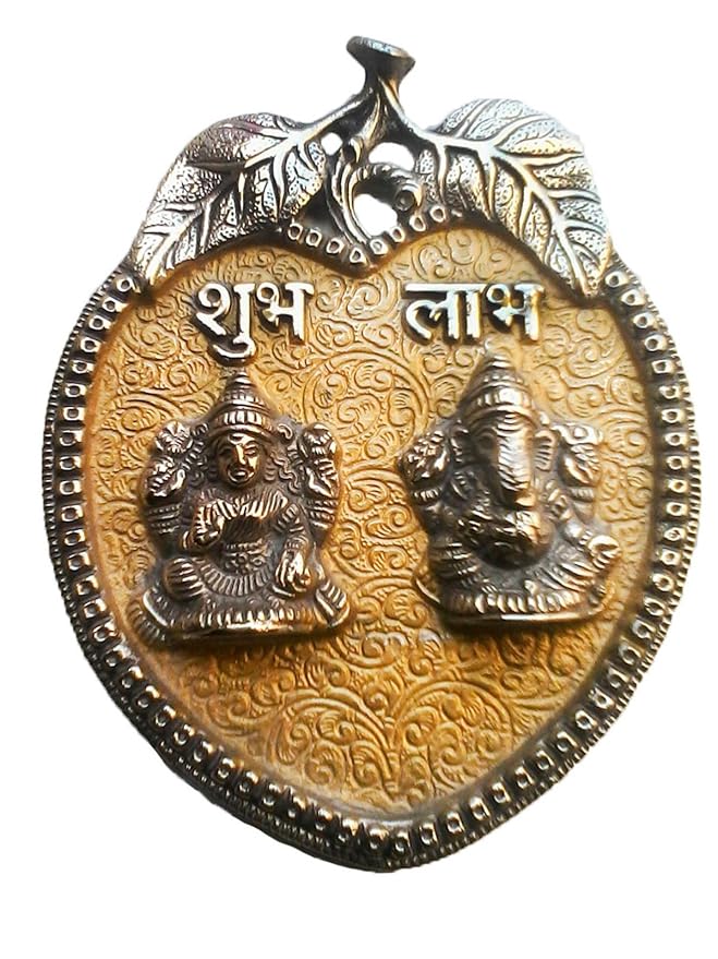 Ecraftindia Laxmi Ganesha Metal Wall Hanging | Silver and Yellow