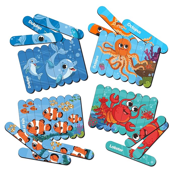 Mini Leaves Ocean Animal Strip Wooden Puzzles| Stick Puzzle Educational Puzzle for 3+ Years | Multicolor 4 Patterns 32 Pieces