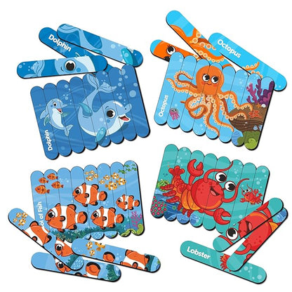 Mini Leaves Ocean Animal Strip Wooden Puzzles| Stick Puzzle Educational Puzzle for 3+ Years | Multicolor 4 Patterns 32 Pieces