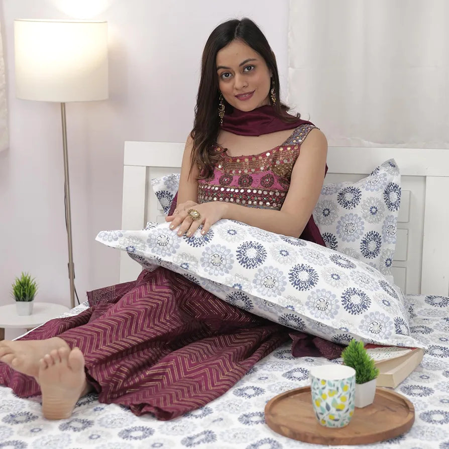 Divine Casa 144 TC 100% Cotton Bedsheet for Single Bed with 1 Pillow Cover Colour Soft Blue