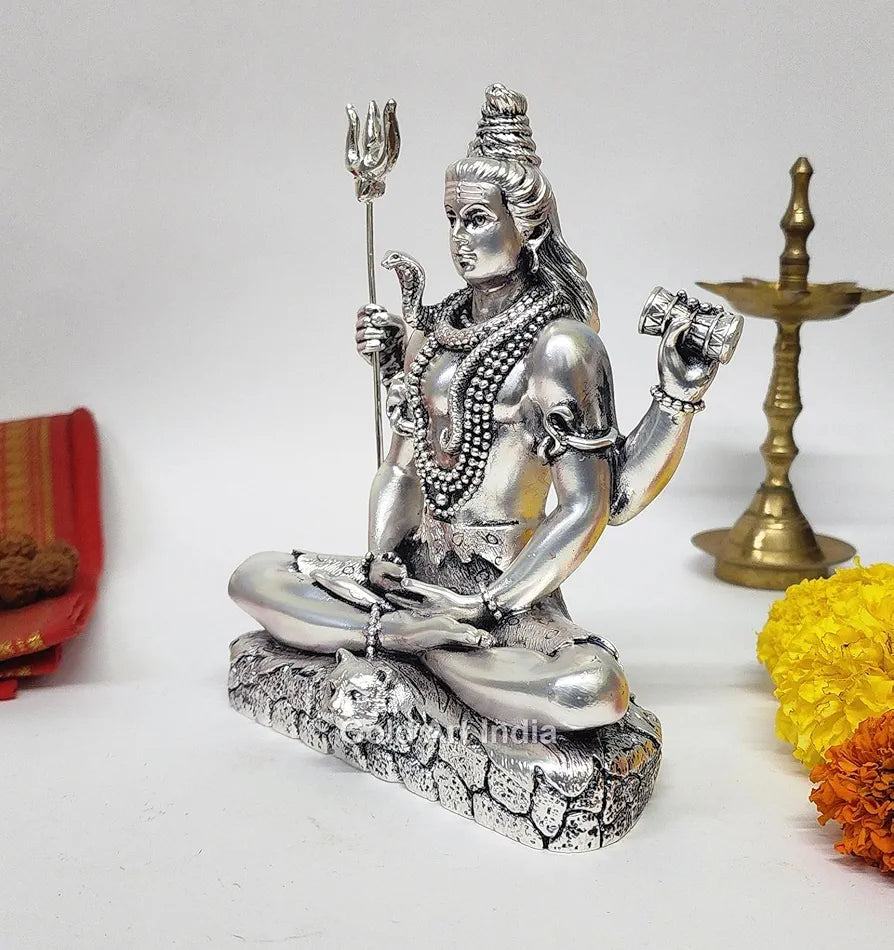 Gold Art India Lord Shiva Silver Plated Antique Idol with Trishul