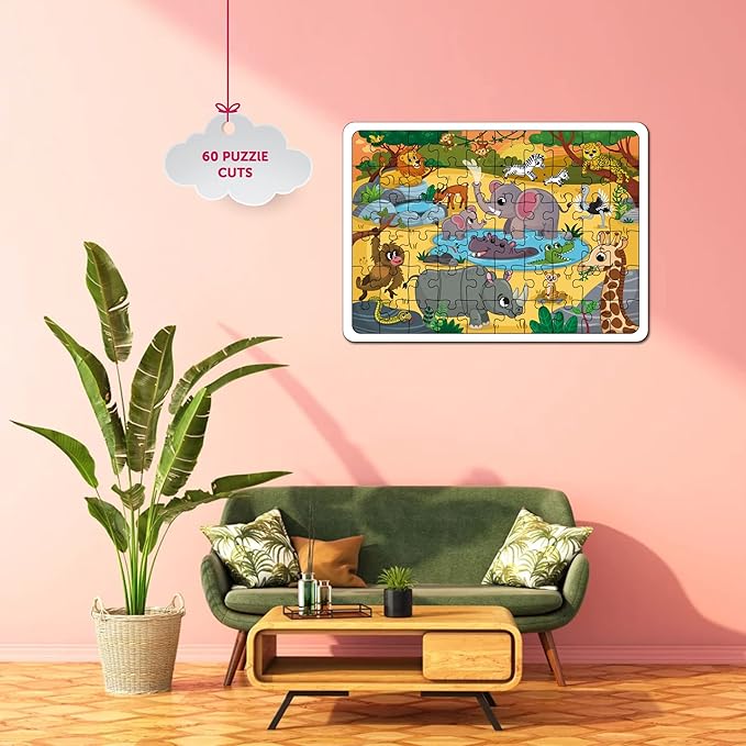 Mini Leaves 60 Pieces Wooden Floor Puzzle for Kids & Adults | Wild Safari Animals Jigsaw Floor Puzzle | Fun & Challenging