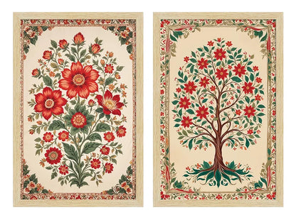 ArtX Paper Floral Art Paintings Flowers - 04 with Frame Multicolor Natural Wood Color Set of 2