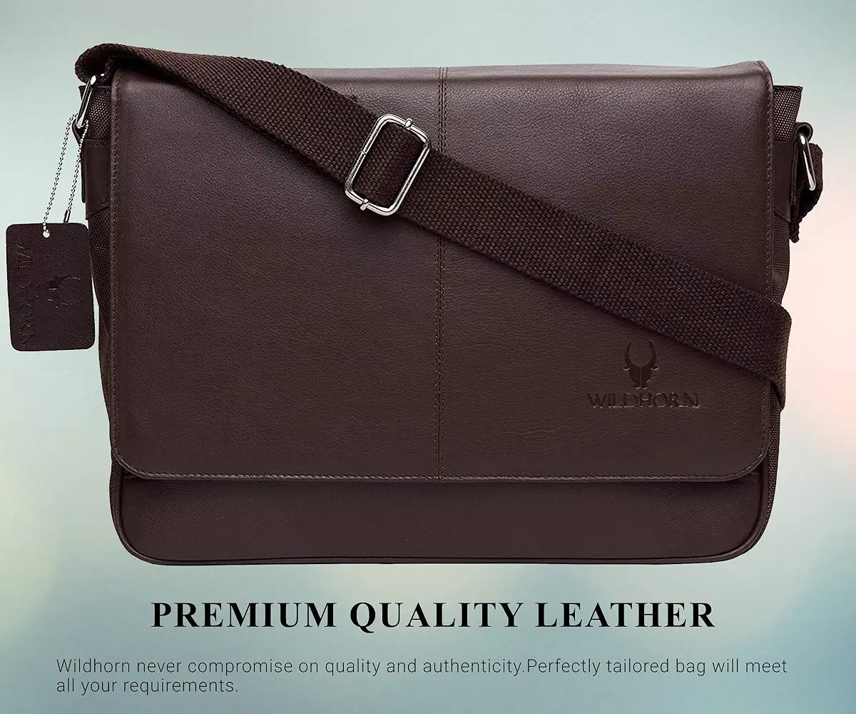 WildHorn Leather 13 inch Laptop Messenger Bag for Men I Padded Laptop Compartment I Adjustable Strap I Dimension: L- 14inch H- 10.5 inch W- 3.5inch