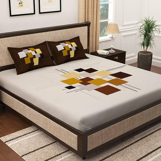 Story@Home Cotton Abstract Print Tevel King Size Bedsheet with 2 Pillow Covers White & Brown Colour
