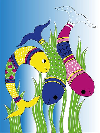 Hobby India Self Painting Colour Full Fish Canvas - Gond Art | Pre-designed Canvas Board