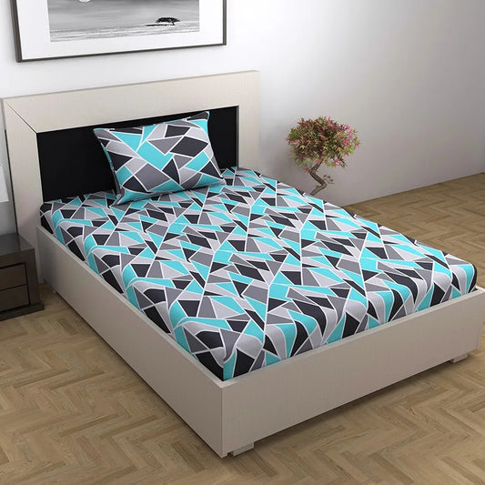 Divine Casa Bedsheet for Single Size Bed 144 TC Cotton Bedsheet for Single Size Bed with 1 Pillow Cover  Geometric Colour Aqua Grey