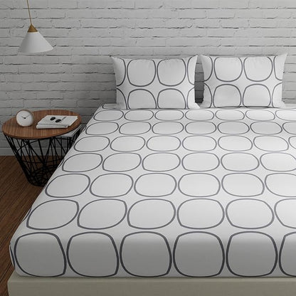 Huesland by Ahmedabad Cotton 144 TC Bedsheet for King Size Bed with 2 Pillow Covers | White (Grey Circles)