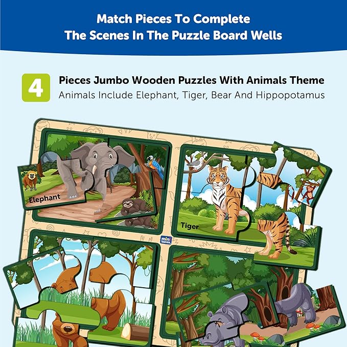 Mini Leaves Four 4 Piece Animal Jumbo Pieces Wooden Puzzle Set of 4 Chunky Animal Jigsaw Puzzle for Kids | Educational Puzzle Game