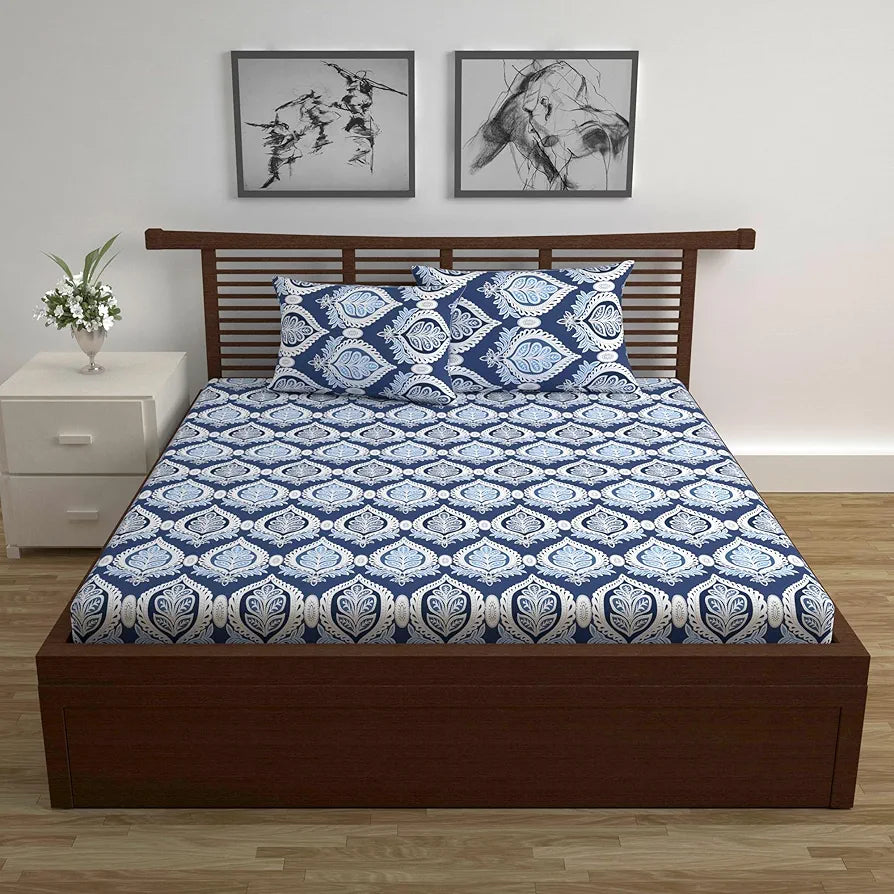 Divine Casa 144 TC Super Soft 100% Cotton Bedsheet for Double Bed  144 Thread Count Floral Colour Dazzling Blue