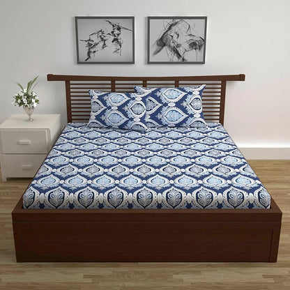 Divine Casa 144 TC Super Soft 100% Cotton Bedsheet for Double Bed  144 Thread Count Floral Colour Dazzling Blue