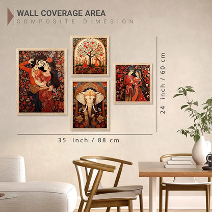 Kotart Traditional Indian Inspired Madhubani Art Paintings with Frame Set of 4 Frames A