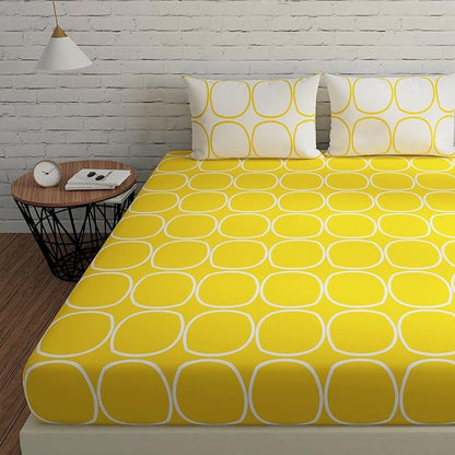 Huesland by Ahmedabad Cotton 144 Tc Cotton Bedsheet for Double Bed King Size with 2 Pillow Covers | Yellow & White