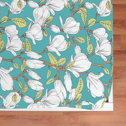 Divine Casa 144 TC Cotton Floral Print King Size Double Bed Elastic Fitted Bedsheet with 2 Pillow Cover Colour Aruba Blue