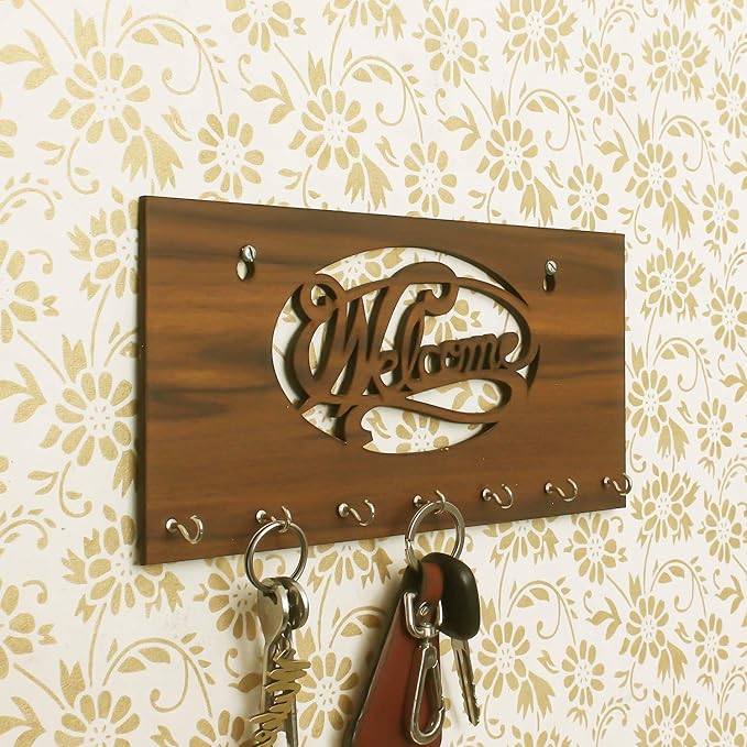 Ecraftindia Welcome Theme Wooden Key Holder With 7 Hooks