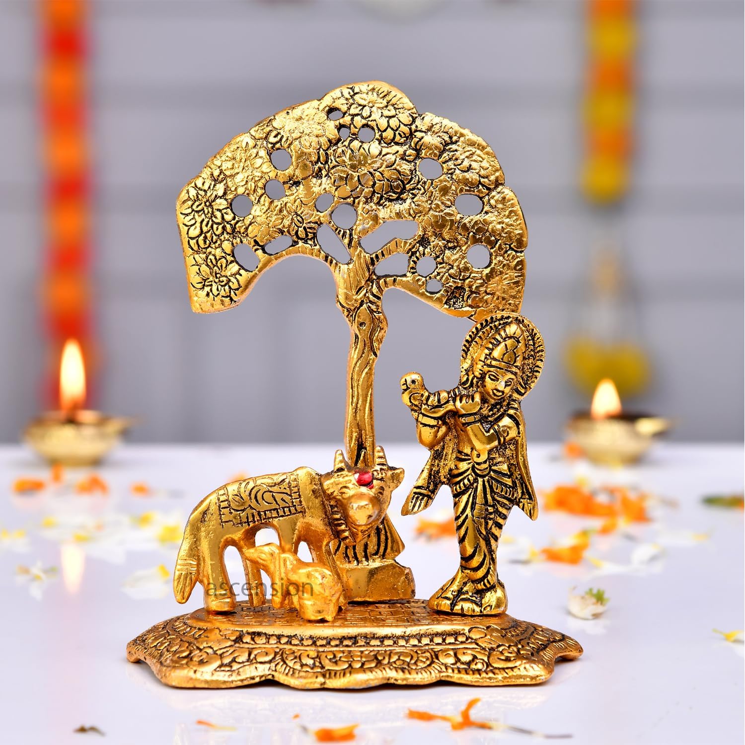 Ecraftindia Lord Krishna Playing Flute Under Tree With Golden Cow and Calf Showpiece