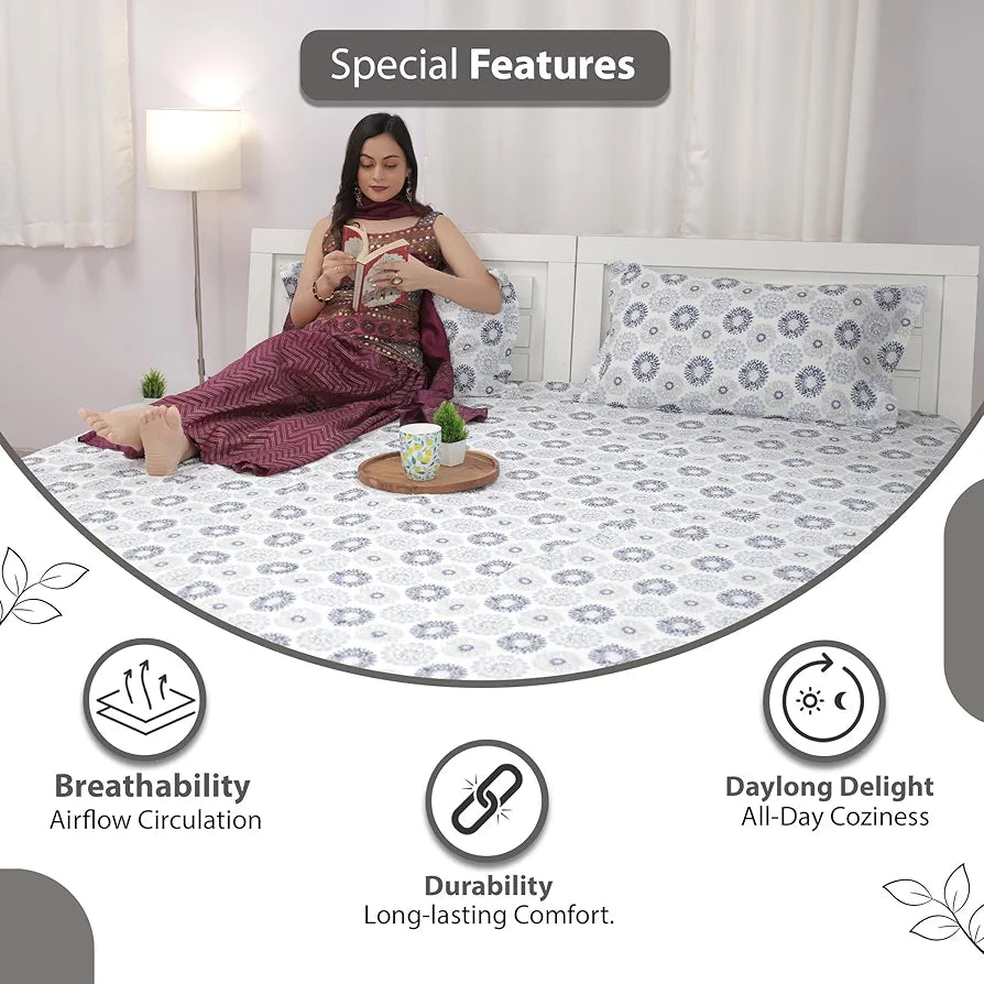 Divine Casa 144 TC 100% Cotton Bedsheet for Single Bed with 1 Pillow Cover Colour Soft Blue