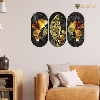 Artvibes Golden Flowers and Leaves Wooden Wall Hanger for Home | Set of 3
