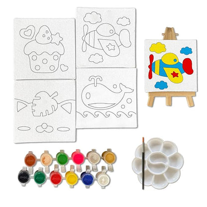 Mini Leaves Mini Canvas Craft Art Paint Kit for Beginner With Wooden Easel, Colours, Painting Brush | Diy Kit | Set of 4