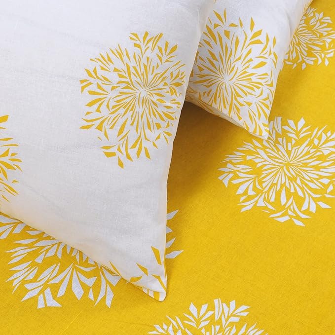Huesland by Ahmedabad Cotton 144 TC Bedsheet for King Size Bed with 2 Pillow Covers | Yellow & White