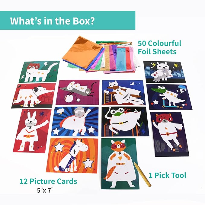 Chalk and Chuckles Paper Art and Craft Kit | Fabulous Foil Art | Create 12 Superhero Animals Theme Pictures | Creative Toys for Kids