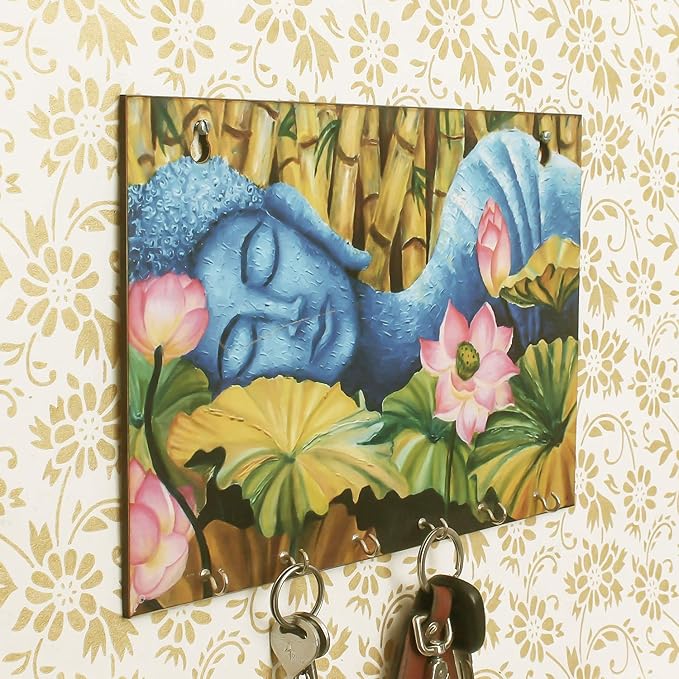 Ecraftindia Lord Buddha Theme Wooden Key Holder With 6 Hooks
