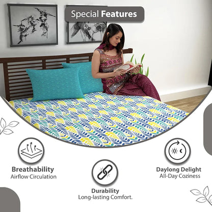 Divine Casa 144 TC Super Soft Cotton Bedsheet for Double Bed  144 Thread Count - Floral Colour Blue & Yellow