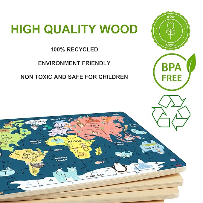Fiddlys 40 Pcs Paperless Wooden Jigsaw Puzzle for Boys & Girls Learning Educational Toy for 4 Years and Above | World Map