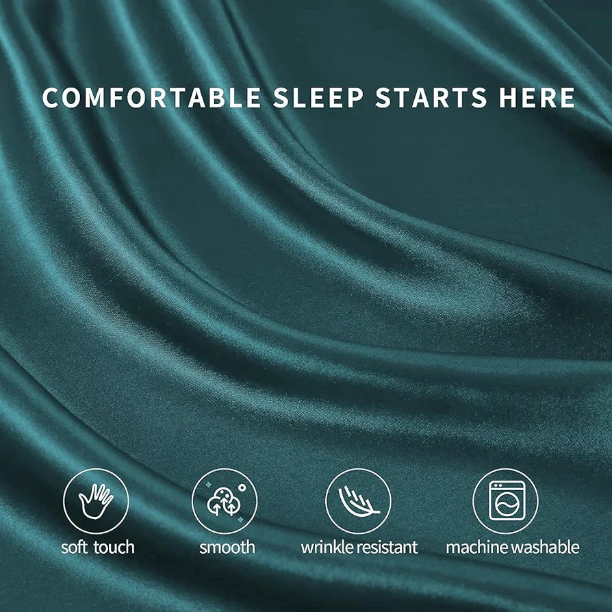 Cloth Fusion Satin Bedsheet for King Size Bed Set of 1 Satin Sheet 2 Pillow Covers Peacock Green