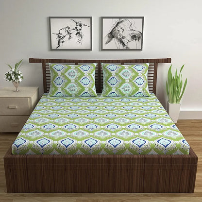 Divine Casa Double Size Bedsheet for Double Bed, 144 TC Pure Cotton Queen Size with 2 Pillow Covers Colour Palm Green