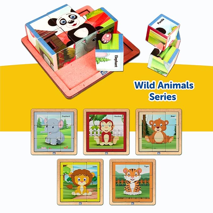 Mini Leaves Animals Wooden Cube Puzzle With Storage Tray | 6 Puzzles in 1 (9 Pcs) | Wooden Cube Block Toys Kids 3+ Years