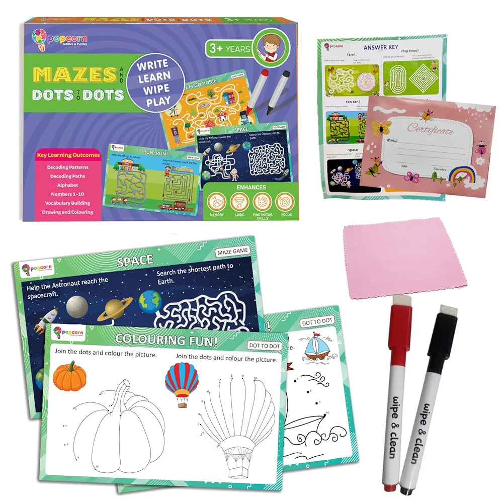 Popcorn Games & Puzzles Mazes and Dot to Dot | Reusable Activity Mats with 2 Marker Pens | Gifts & Creative Learning for Ages 3-6