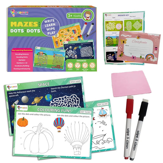 Popcorn Games & Puzzles Mazes and Dot to Dot | Reusable Activity Mats with 2 Marker Pens | Gifts & Creative Learning for Ages 3-6