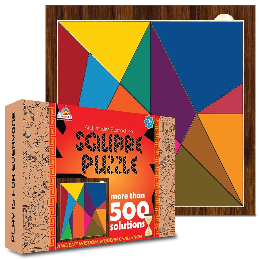 Playhills Geometric Challenge Puzzle | The World's First Puzzle- Stomachion Square by Archimedes | Fun & Challenging Game for Teenagers and Adults with Decorative Stand  Age 13+