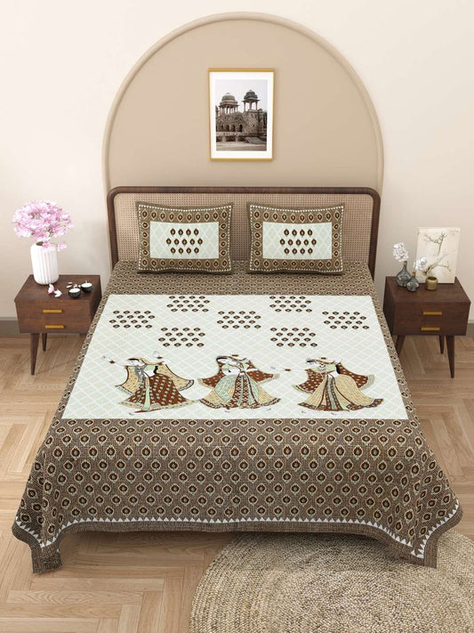 100% Pure Cotton Traditional Printed Bedsheet for Double Bed King Size Bedsheet with 2 Pillow Covers