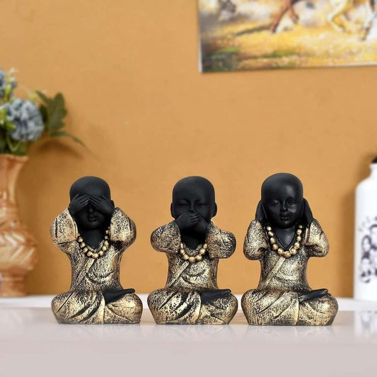 Set of 3 Baby BUddha Monk Decorative Showpiece – (Polyresin, Gold, Black)