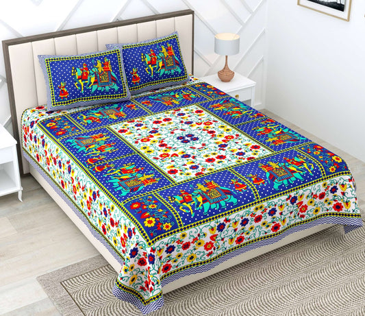 100% Pure Cotton Traditional Printed Bedsheet for Double Bed King Size Bedsheet with 2 Pillow Covers