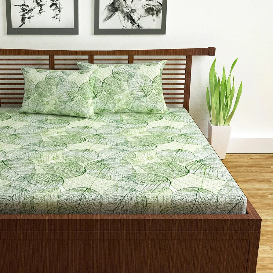 Divine Casa 144 TC Cotton Bedsheet for Double Bed 100% Cotton Colour Sage Green Floral Print with 2 Pillow Covers