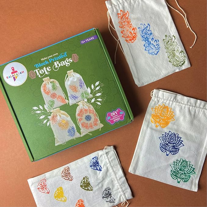 Kalakaram Make Your Own Block Printed Tote Bag Diy Activity Box | Tote Bag Block Print for Adults and Kids 12+ | Traditional Art Kit