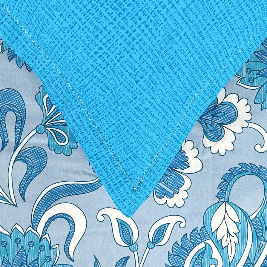Divine Casa 144 TC 100% Pure Cotton Single Size Bedsheet with 1 Pillow Cover Floral Paisley Colour White Aqua Blue