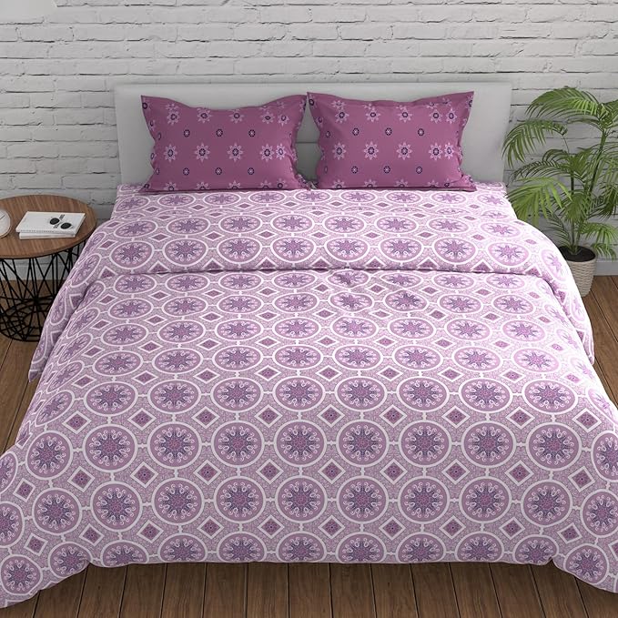 Huesland by Ahmedabad Cotton 144 TC Cotton Bedsheets for King Size Bed with 2 Pillow Covers | Mandala | Pink & Magenta