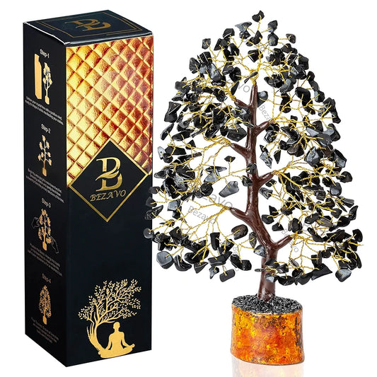 Bezavo Black Tourmaline Crystal Tree for Healing & Prosperity Golden Wire