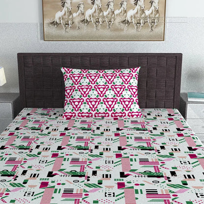 Divine Casa Bedsheet for Single Size Bed 144 TC Cotton Bedsheet for Single Size Bed with 1 Pillow Cover  Abstract Colour Pink & White