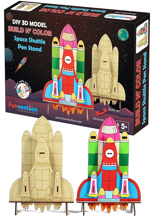 Funvention Space Shuttle - 3D Coloring Model - DIY Desk Organizer Pen Stand - STEM Leanring 3D Puzzle Toy - Art, Coloring and Painting Kit for Kids - Birthday Return Gift,3D Mechanical DIY Toy
