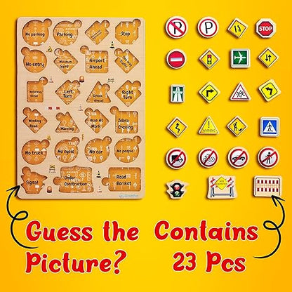 Zudo Wooden Montessori Educational Pre-School Puzzle Board Toy for Boys and Girl Traffic Symbol