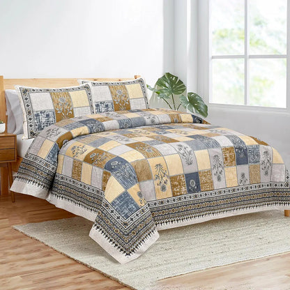 Kuber Industries Double Bedsheet with 2 Pillow Covers 160 TC Premium Cotton Gray & Yellow