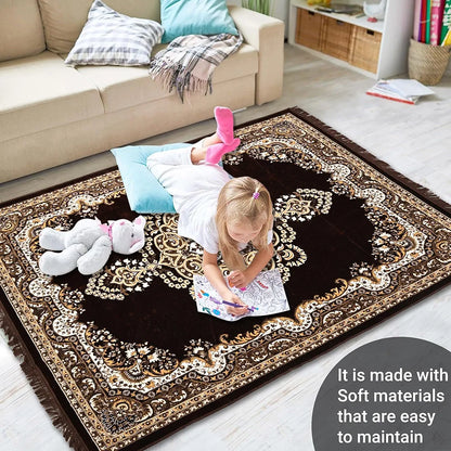 Kuber Industries 5x7 Feet Carpets for Living Room Machine Washable Bedside Floor Rugs Mat for Bedroom Floral Print Premium Cream & Brown
