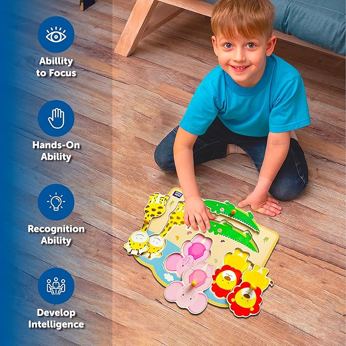 Mini Leaves Jungle Animal Friends Jumbo Knob Wooden Puzzle | Knob Puzzles for Kids for Age 1 and Above | Educational Puzzle